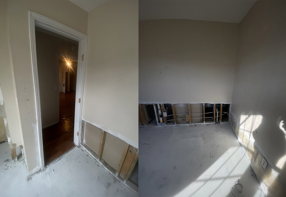 Bedroom perimeter flood cut before drywall reconstruction